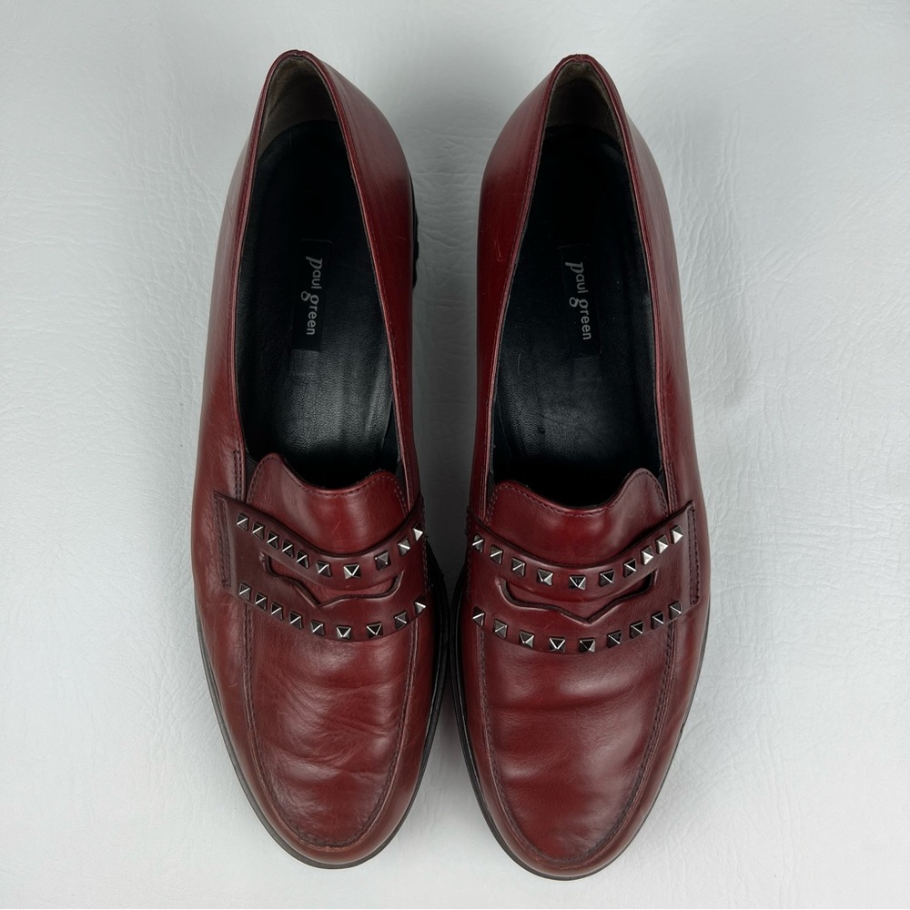 Paul Green Burgundy Leather Loafers with Silver Pyramid Studs
